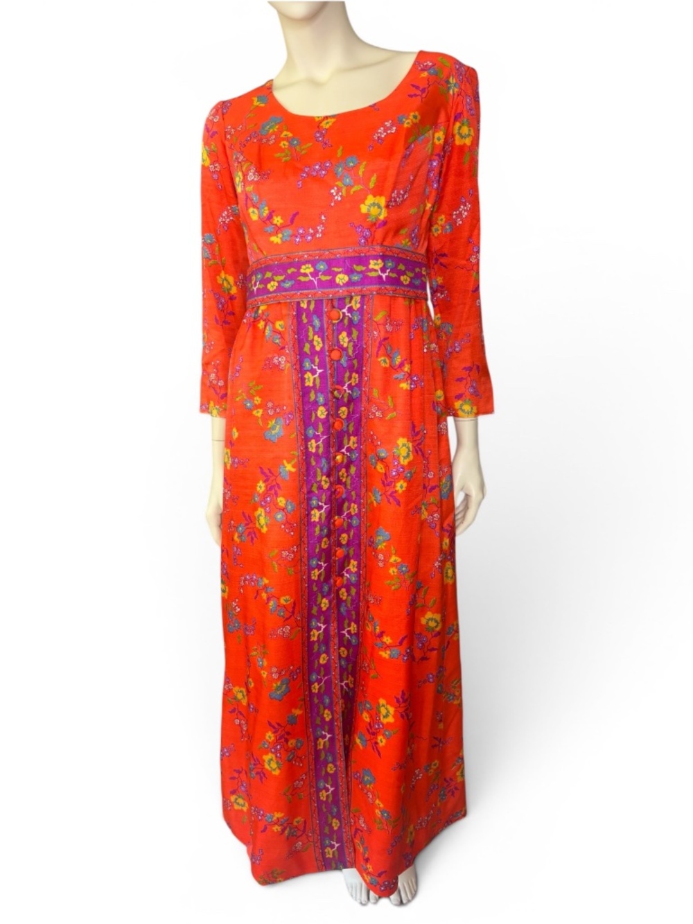 1970s Floral Bohemian Asian‎ Motif Maxi Dress with Contrast Panel & Waist Detail